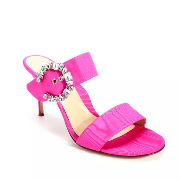 Revolve Marion Parke Lucia Fuchsia Pink Satin Rhinestone Buckle Heeled Sandals - Picture 3 of 10
